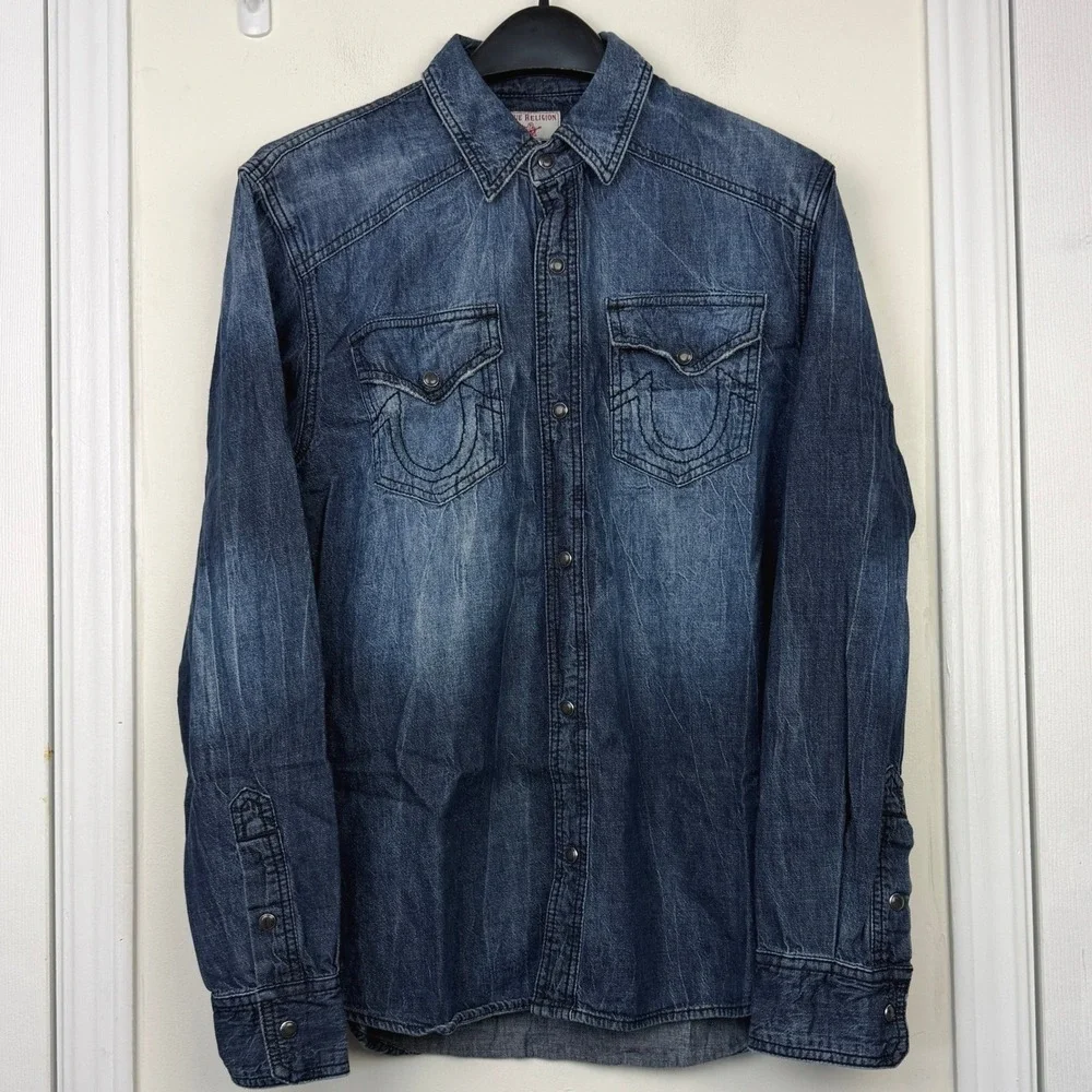 True Religion Western Denim Jean Pearl Snap Shirt Mens M Cotton Blue Great Fade